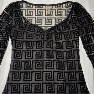 Vintage Y2K Eye Candy Black Velvet Greek Key Pattern Mesh Top with Sheer Back